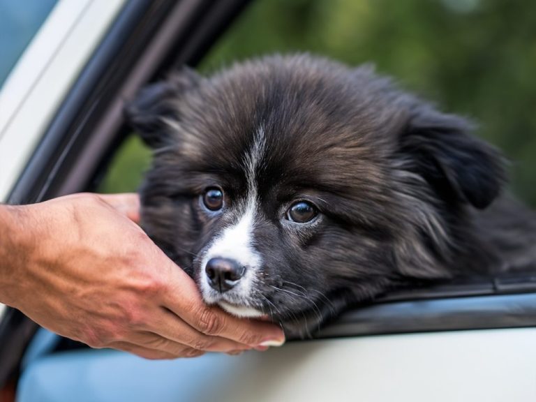 A black and white puppy resting its head on a person's hand near a car window.