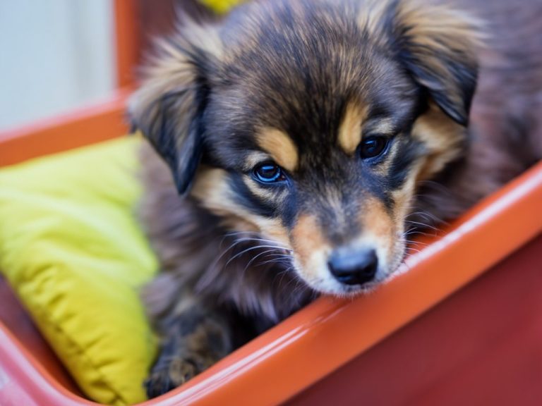 Cartoon of a dog sitting on top of a blue car with a red background.