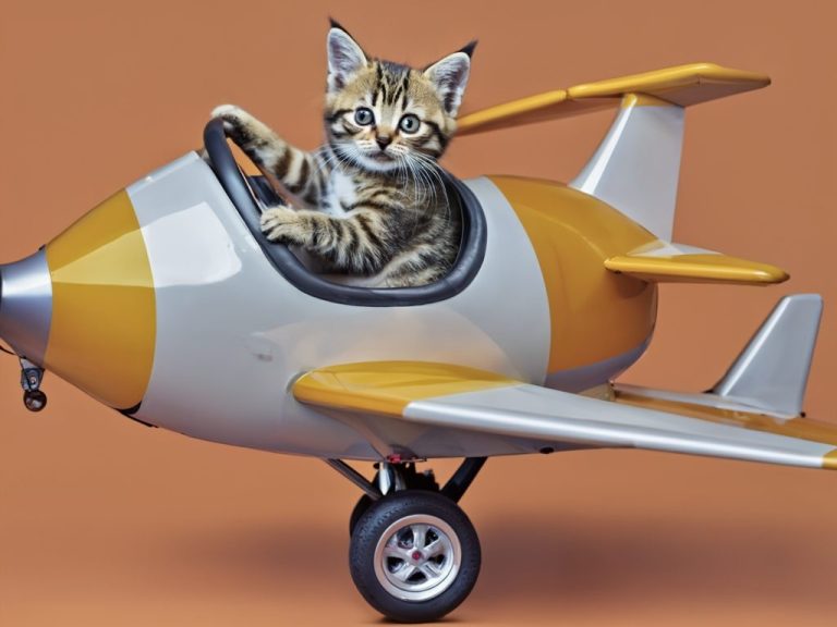 A kitten sitting in a toy airplane, ready for takeoff against an orange background.