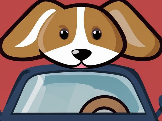 Cartoon of a dog sitting on top of a blue car with a red background.